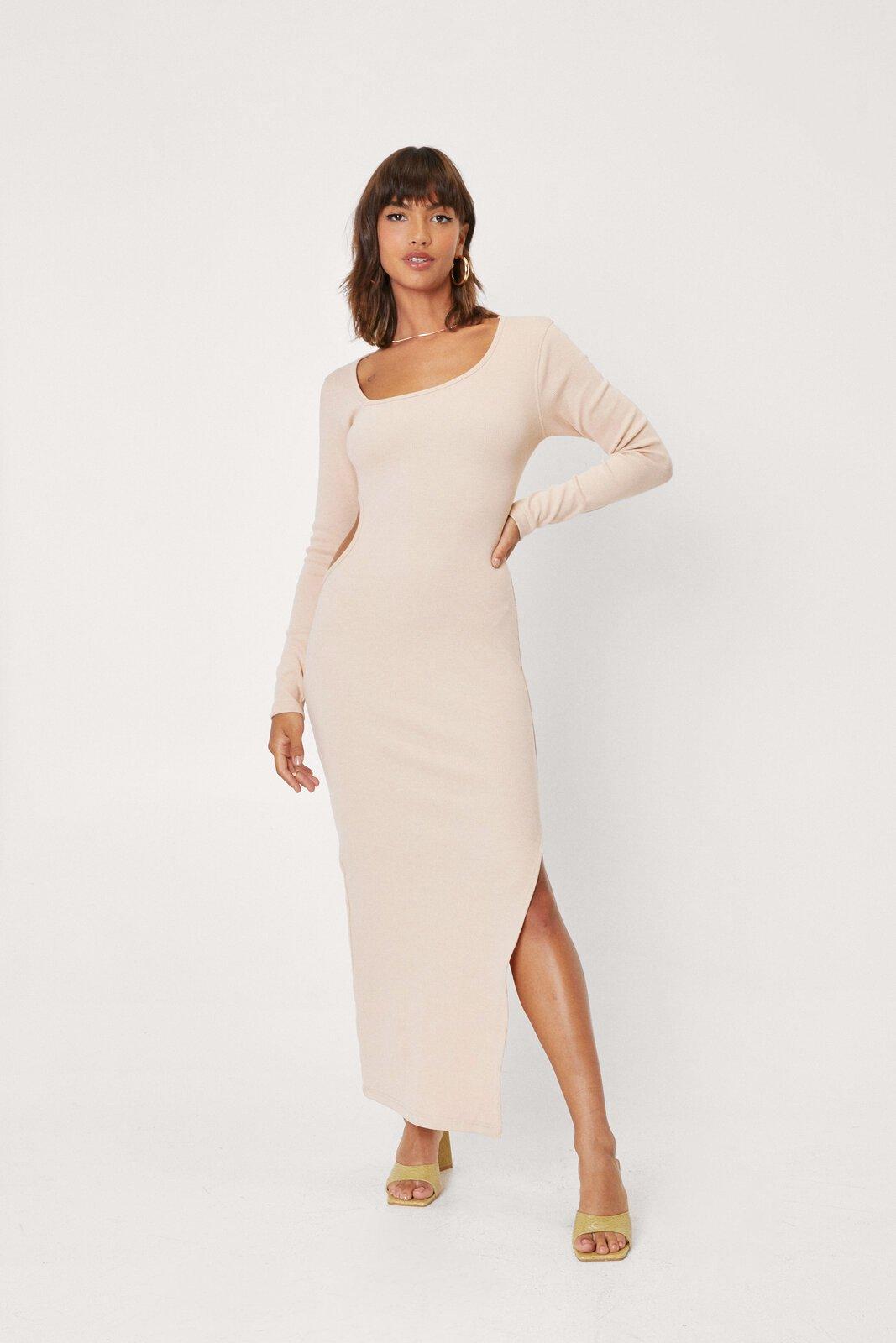 Square Neck Cut Out Ribbed Maxi Dress ...